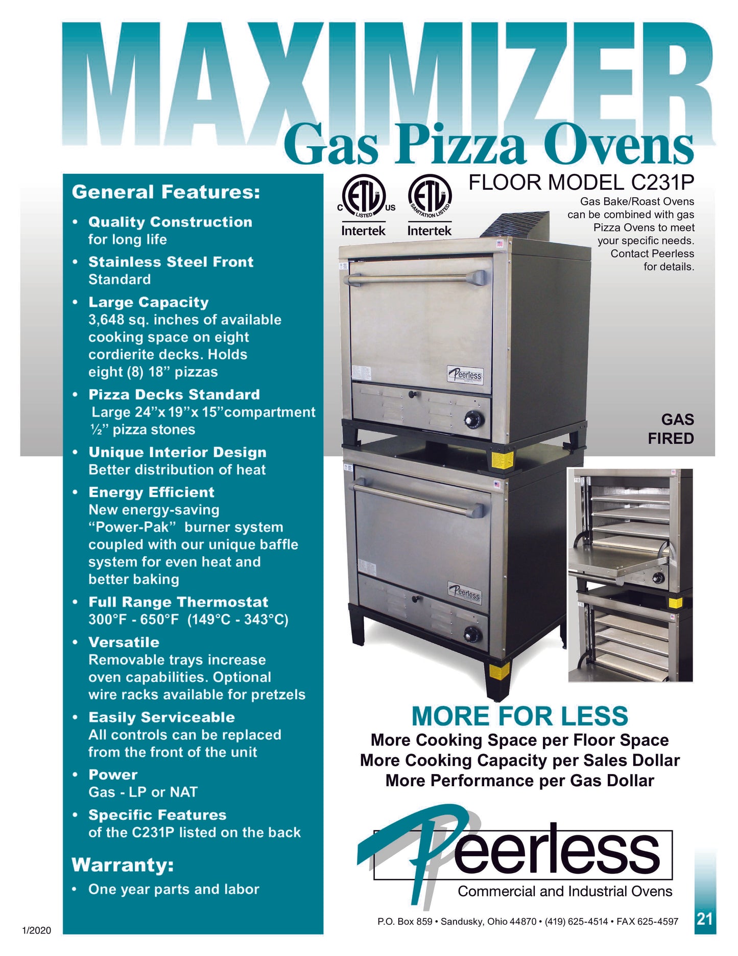 Peerless C231P Double Stack Gas Deck Oven