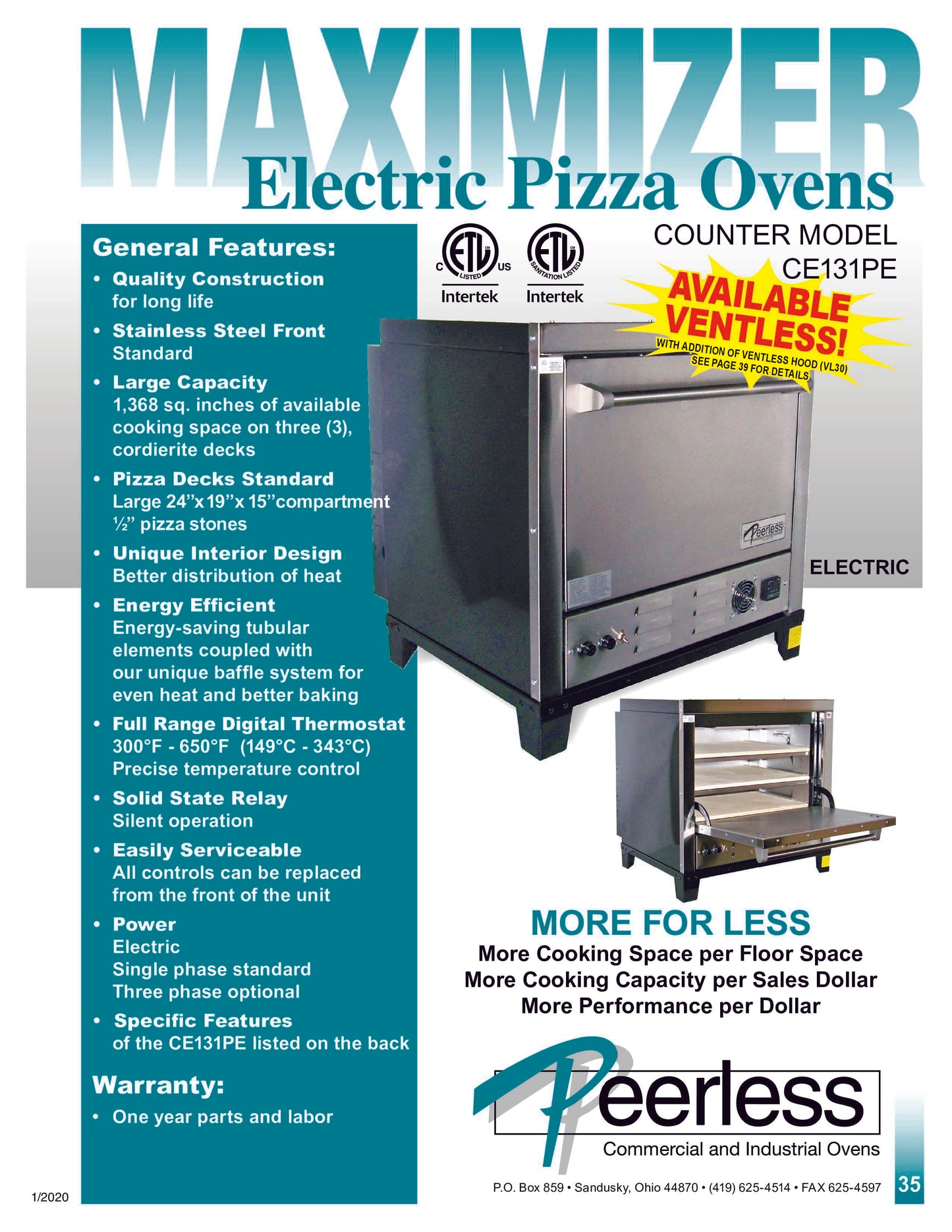 Peerless CE131PE Single Deck Electric Oven